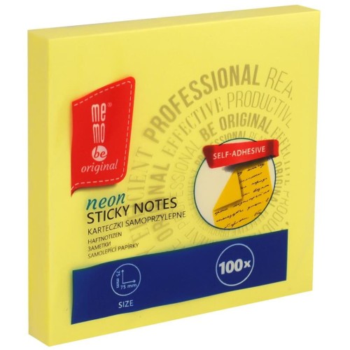 Bloczek samoprzylepny 75x75mm żółty neonowy 100kartek MB100-20-100 MemoBe