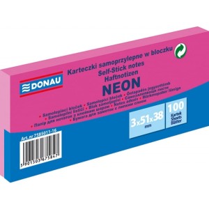 Bloczek samoprzylepny DONAU 38x51mm 3x100 kartek neon różowy 7585011-16