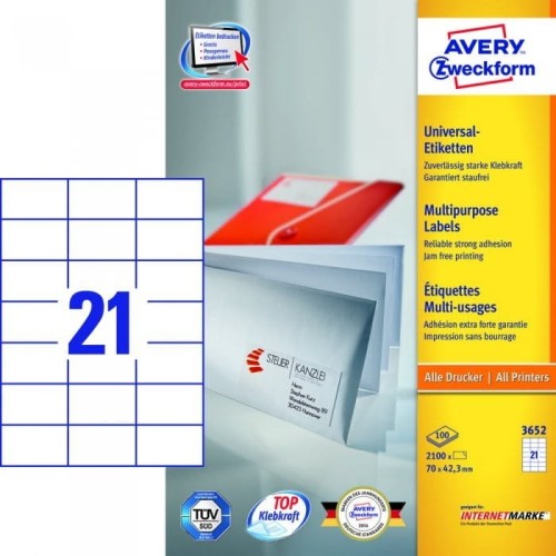 Etykiety A4 białe(100arkuszy) 70x42.3mm 3652 AVERY ZWECKFORM