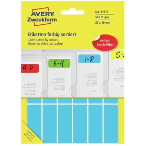 Etykieta w 5 kolorach 50x19mm (30 arkuszy = 540 etykiet) do opisu ręcznego 51047 AVERY ZWECKFORM