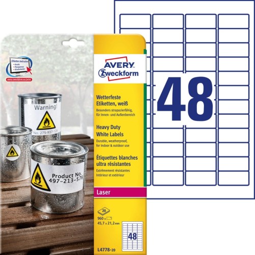 Etykiety poliester 45,7x21,2mm (20 arkuszy = 960 etykiet) L4778-20 AVERY ZWECKFORM