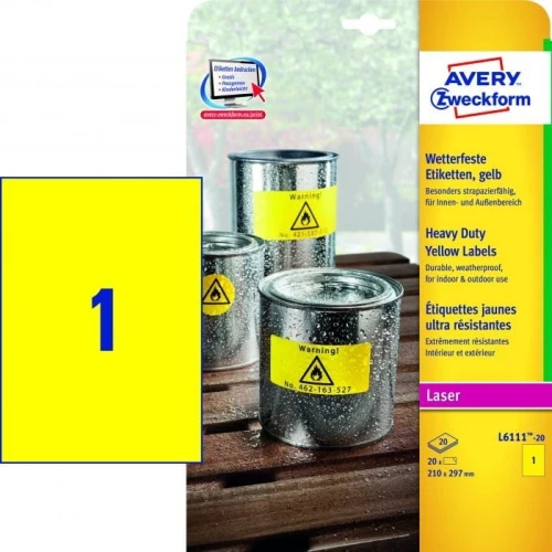 Etykieta ZF 210x297mm L6111-20 żółte poliester (20) AVERY ZWECKFORM