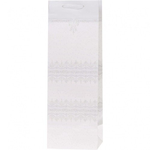 Torebka prezentowa 12x36x10cm na butelkę Lux Biała z brokatem BB ROZETTE