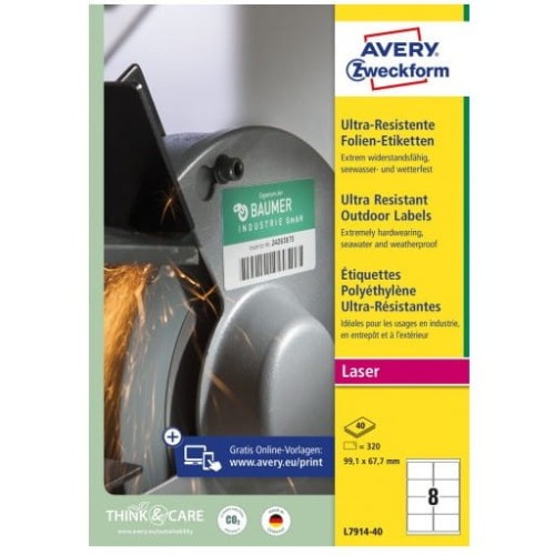 Etykiety foliowe Ultra Resistant 99,1x67,7mm (40arkuszy=320etykiet) L7914-40 AVERY ZWECKFORM