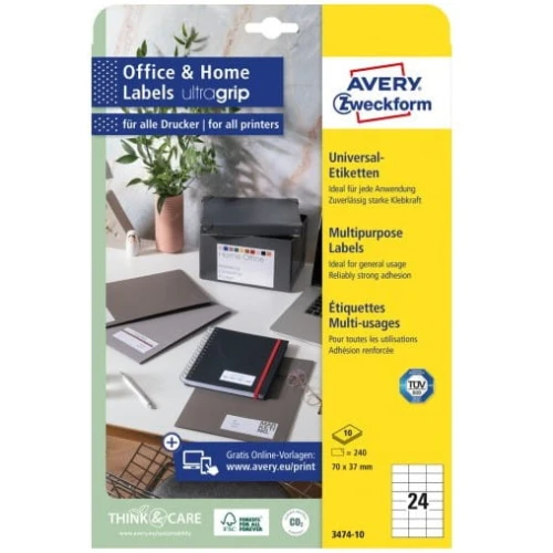 Etykiety białe ULTRAGRIP 70x37mm (10 arkuszy = 240 etykiet) 3474-10 AVERY ZWECKFORM