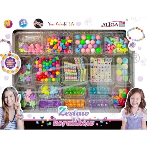 Zestaw koralików plastikowych mix kolorów i kształtów op. ok. 230szt.+2x 120cm żyłka PJ-2036 ALIGA