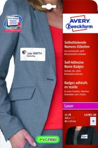 Identyfikator do zadruku 80x50mm 120g samoprzylepny biały sztuczy jedwab L4785-20 AVERY ZWECKFORM