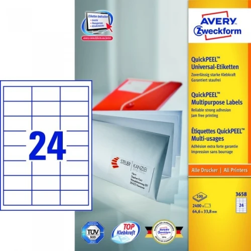 Etykiety A4 białe(100arkuszy)64.6x33,8mm 3658 AVERY ZWECKFORM