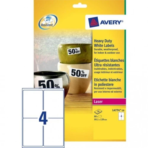 Etykiety A4 białe Heavy Duty 99,1x139mm poliestrowe L4774-20 (20 arkuszy) AVERY ZWECKFORM