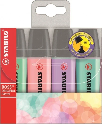 Zakreślacz STABILO BOSS kolory pastelowe komplet 4szt. 70/4-2 (fioletowy, różowy, turkusowy, zielony)
