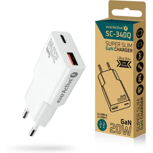 Ładowarka sieciowa 230V EVERACTIVE SC-340Q 1xUSB-A 1xUSB-C 20W biała