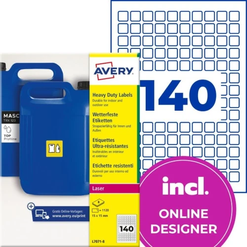 Etykiety do oznaczeń PPWR foliowe z trwałym klejem białe 15x15mm (8 ark.) L7071-8 AVERY ZWECKFORM