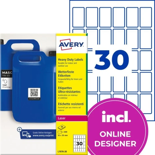 Etykiety do kodów QR foliowe z trwałym klejem białe 50x30mm (20 ark.) L7078-20 AVERY ZWECKFORM