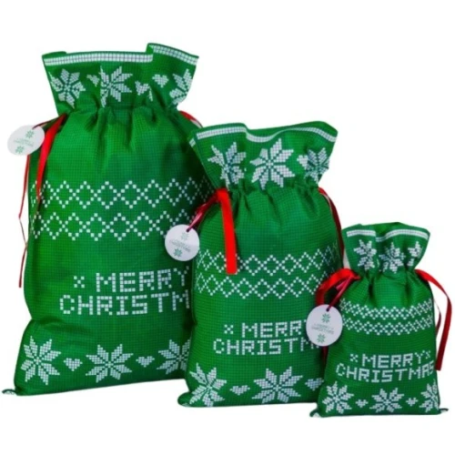 Worek upominkowy materiałowy zielony XPKD019 MERRY CHRISTMAS 40x56cm PaKaDo