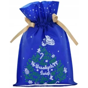 Worek upominkowy materiałowy niebieski XPKD048 CHOINKA + ANIOŁKI 30x45cm PaKaDo