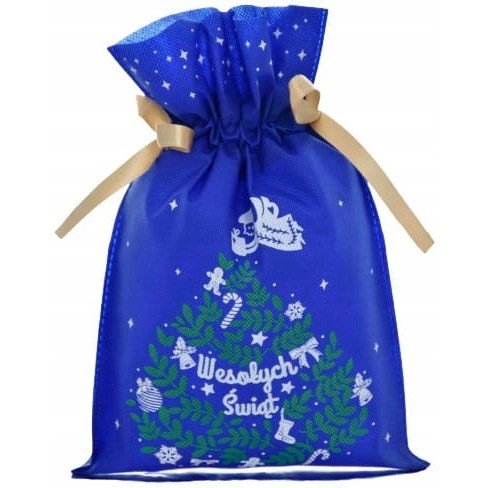 Worek upominkowy materiałowy niebieski XPKD048 CHOINKA + ANIOŁKI 30x45cm PaKaDo