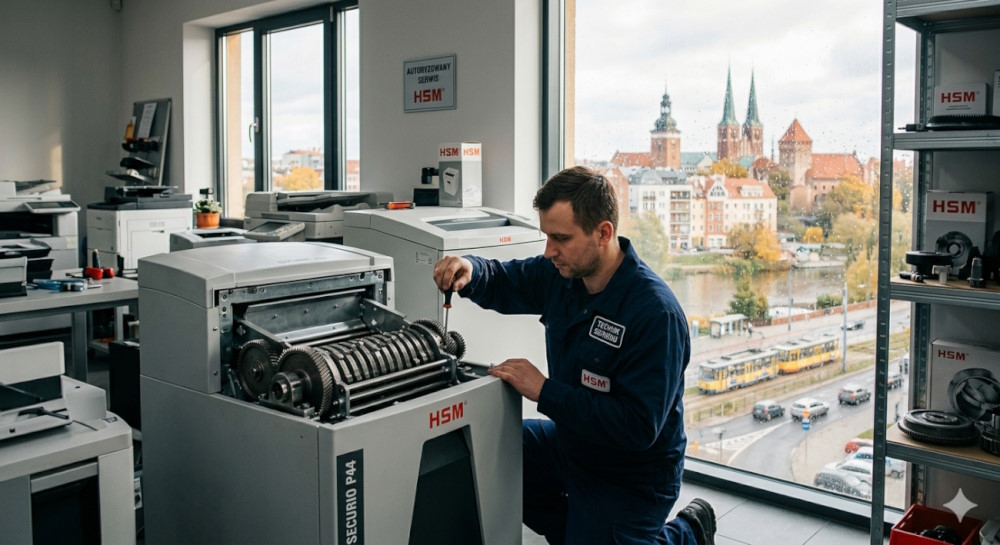 Technik naprawia niszczarke HSM w Olsztynie